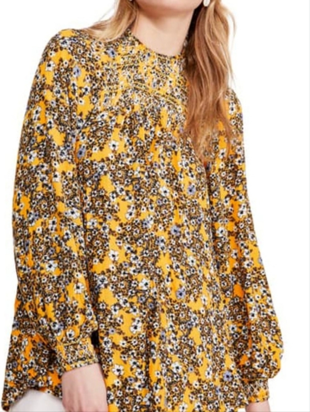 Free People Yellow Floral Smocked Yoke Long Sleeve Top